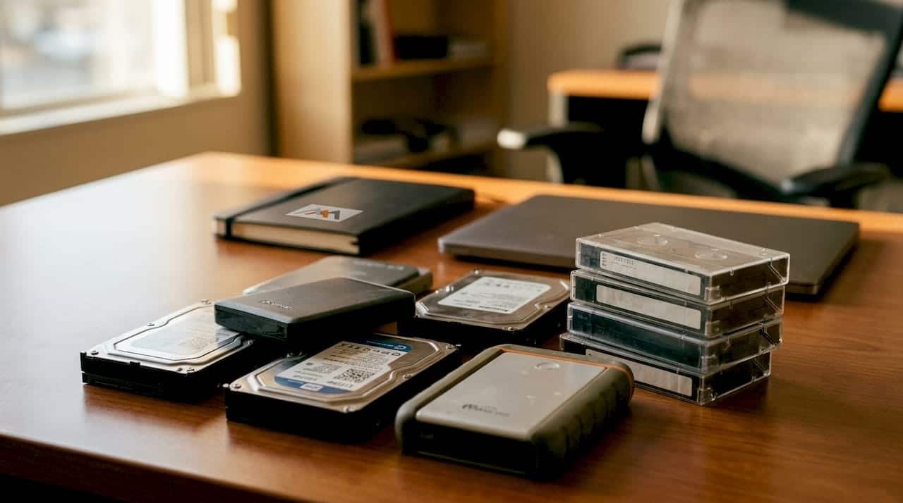 IT professional organizing backup drives and tapes