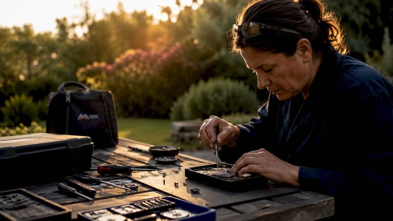 Technician examining disassembled hard drive in workshop