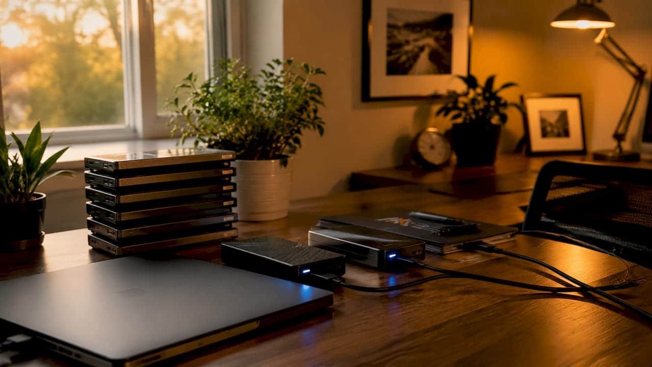 Close-up of external hard drives on desk