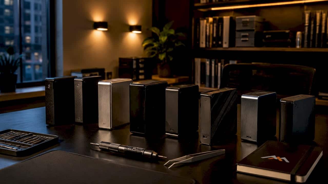 Close-up of external hard drives on technician workbench