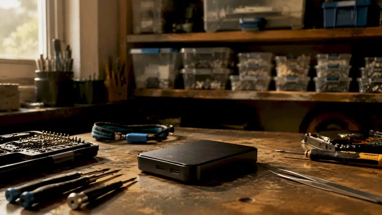 1782531546077_External-hard-drive-on-repair-bench-with-tools External hard drive on repair bench with tools