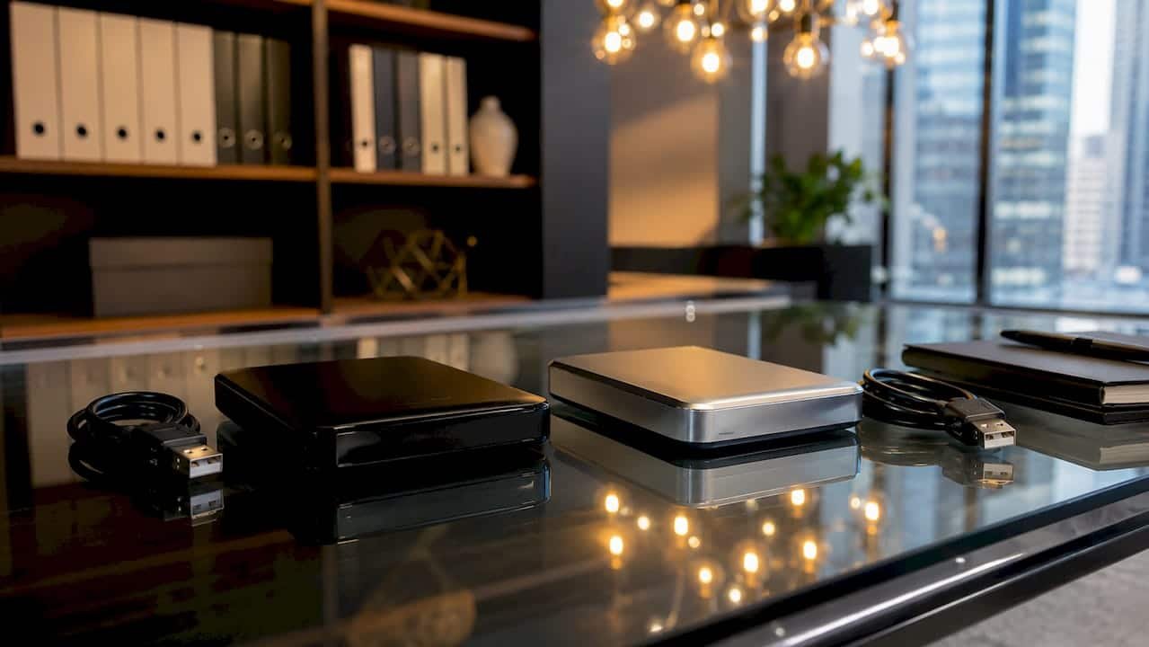 1782621532152_Stacked-external-hard-drives-on-wooden-desk Stacked external hard drives on wooden desk