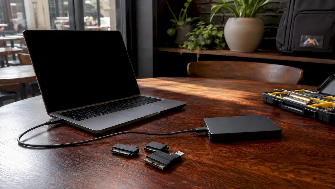 External hard drive connected to MacBook for data recovery