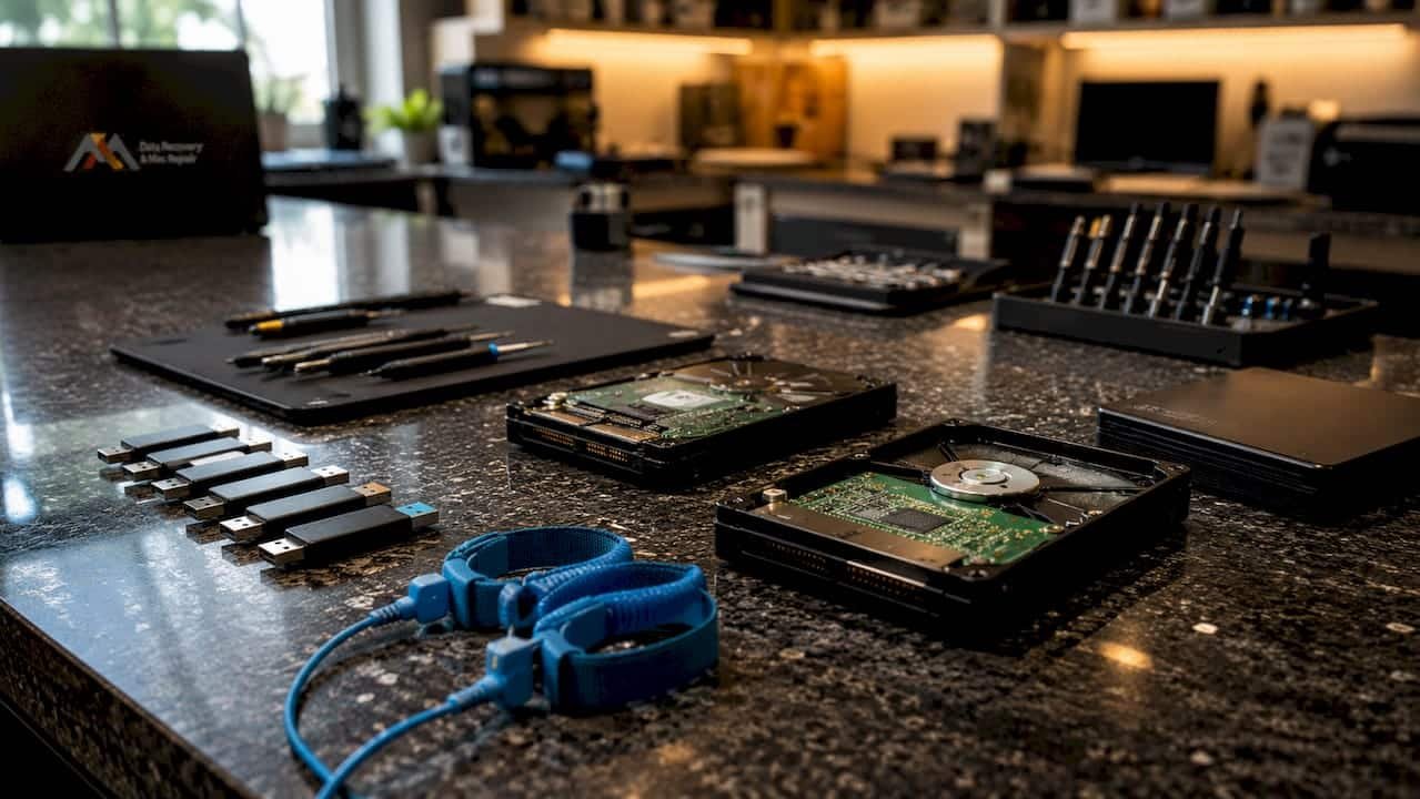 Close-up of USB drives and recovery tools on workbench