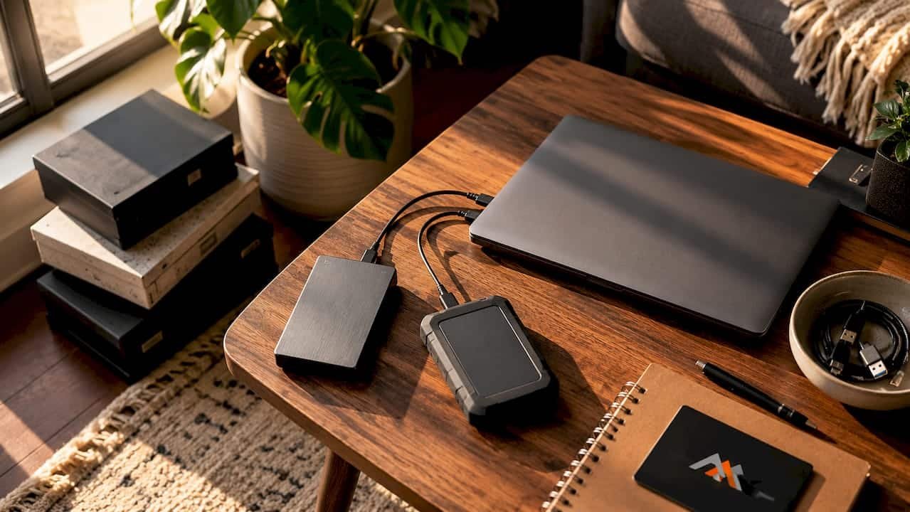 External hard drives and MacBook on desk backup setup
