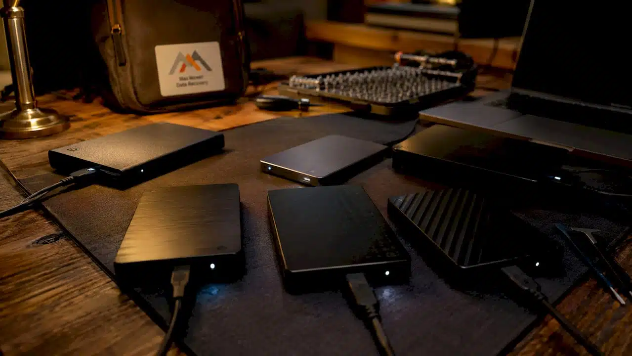 Multiple external hard drives connected for data recovery