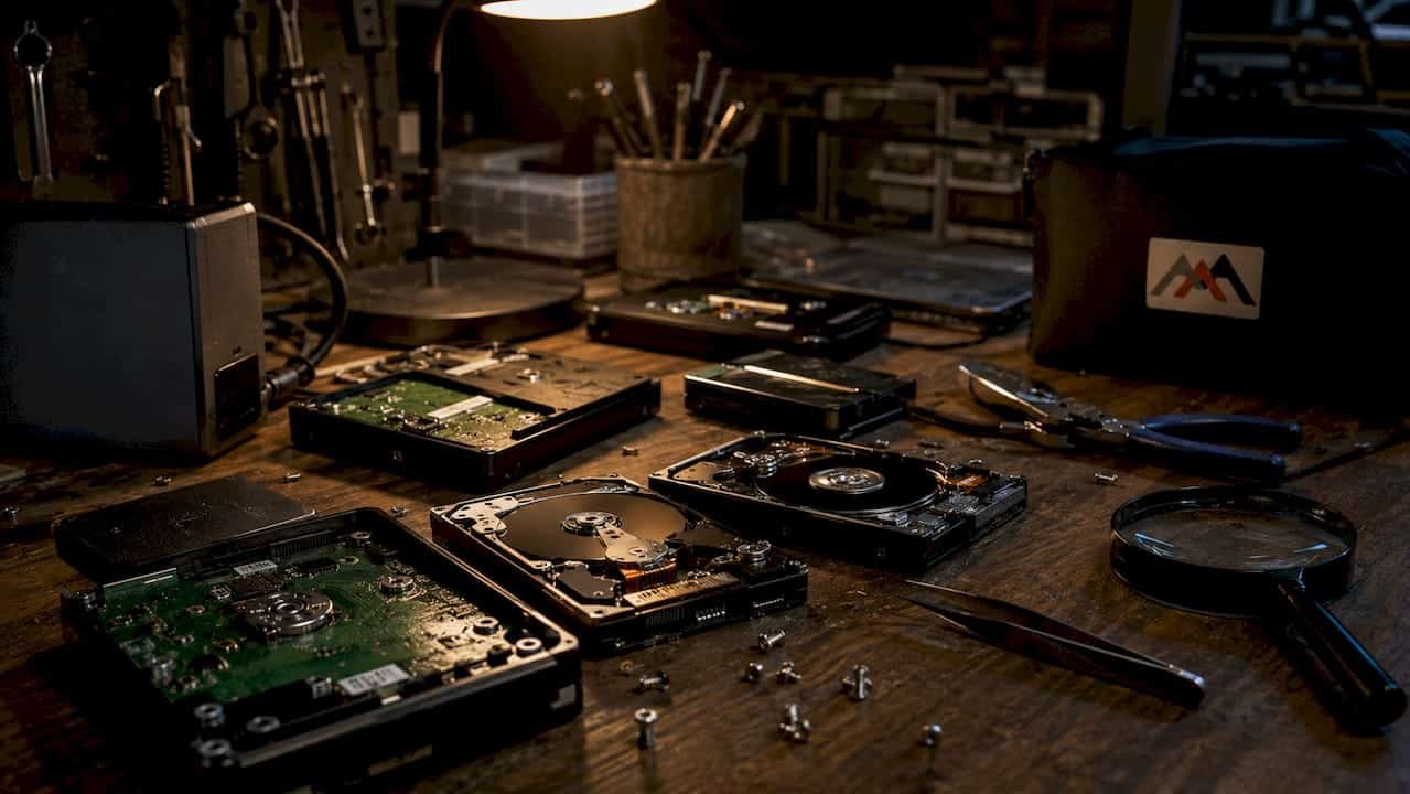 Close-up of disassembled external hard drives on workbench