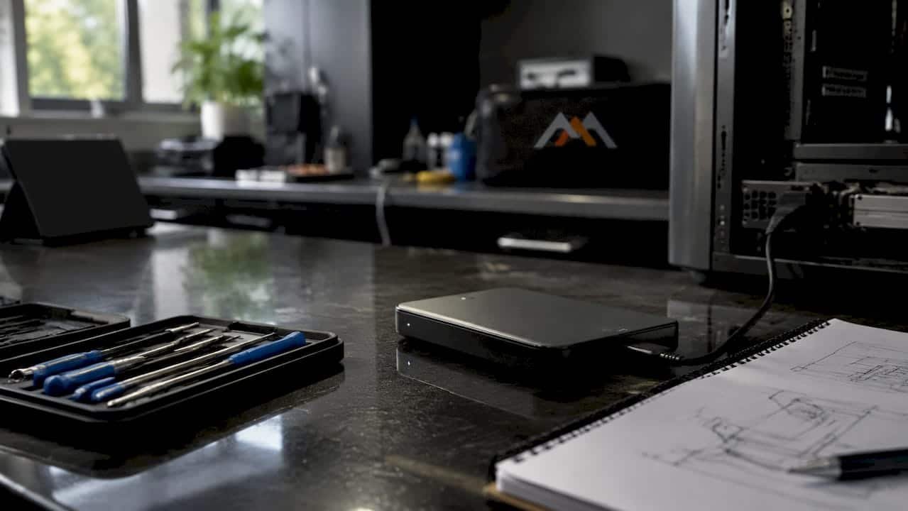 Close-up of external hard drive and tools on desk