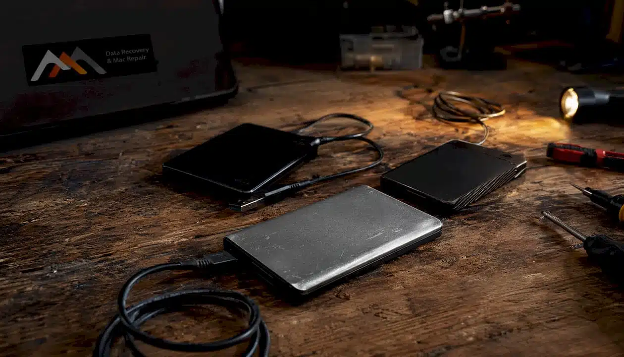 Close-up of external hard drives on desk