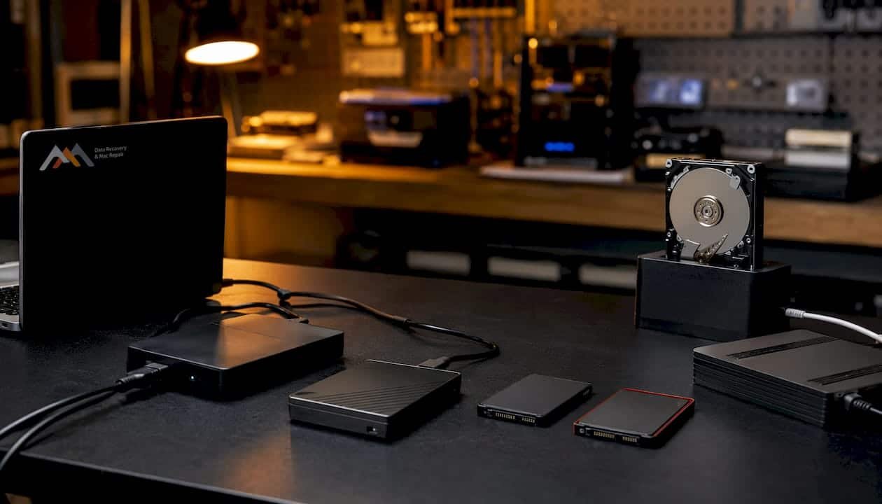 External hard drives and SSDs on a lab workstation