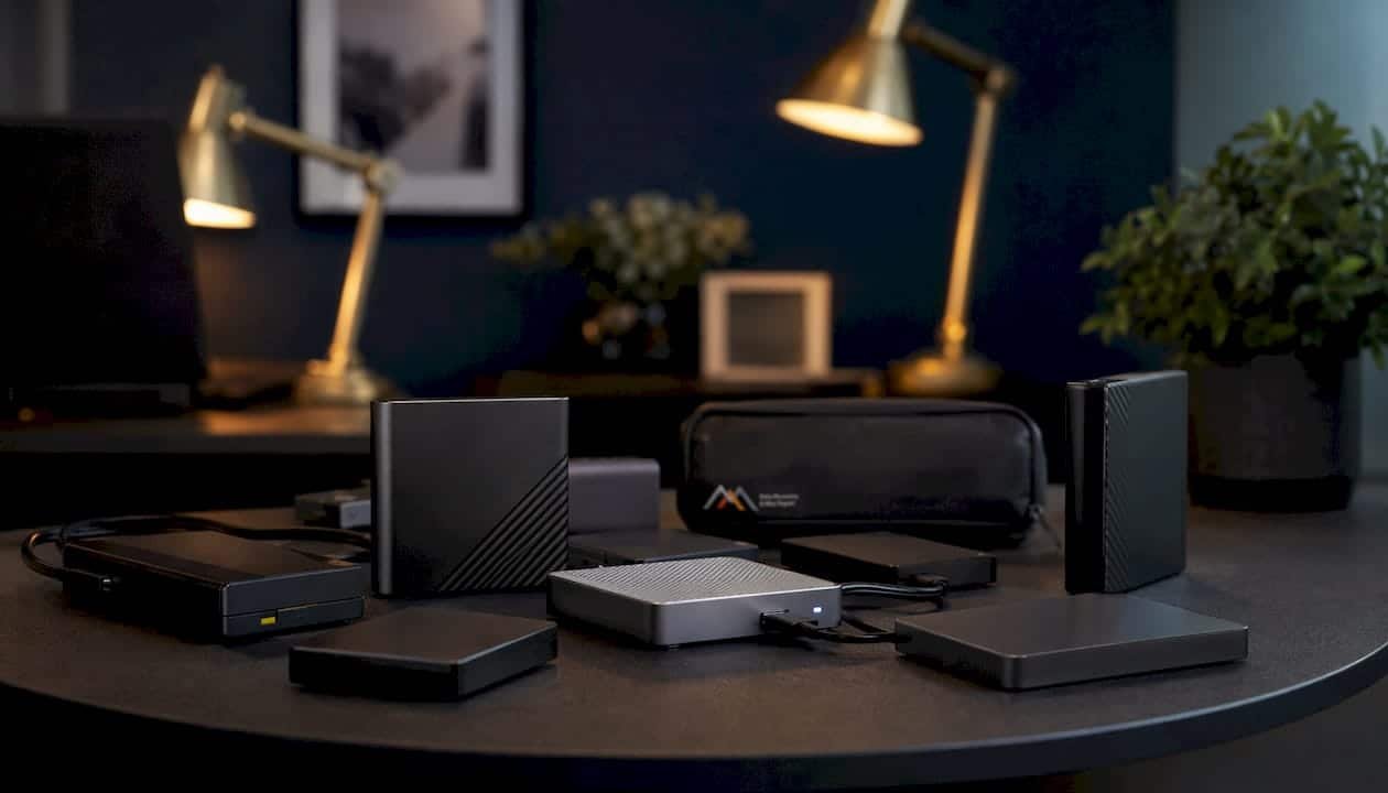 Close-up of external hard drives on black surface