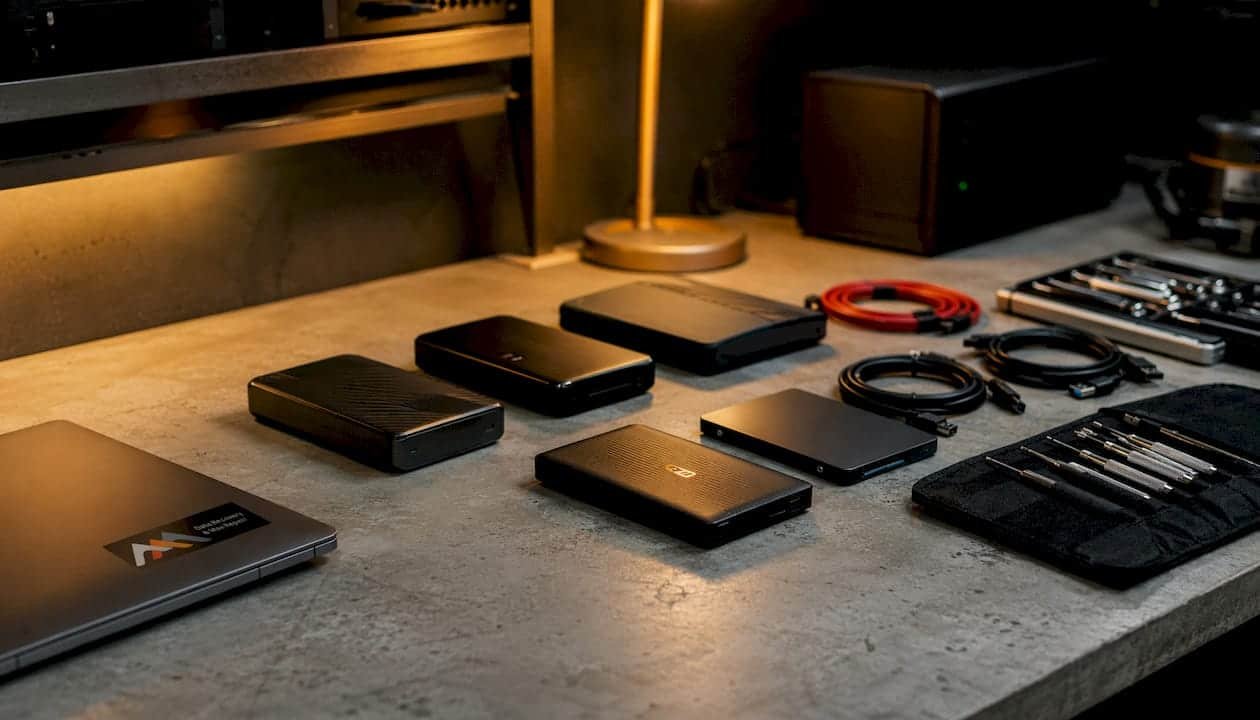 1784783548732_External-hard-drives-and-data-recovery-tools-on-workbench External hard drives and data recovery tools on workbench