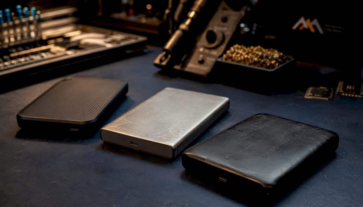 Close-up of external hard drives in repair studio