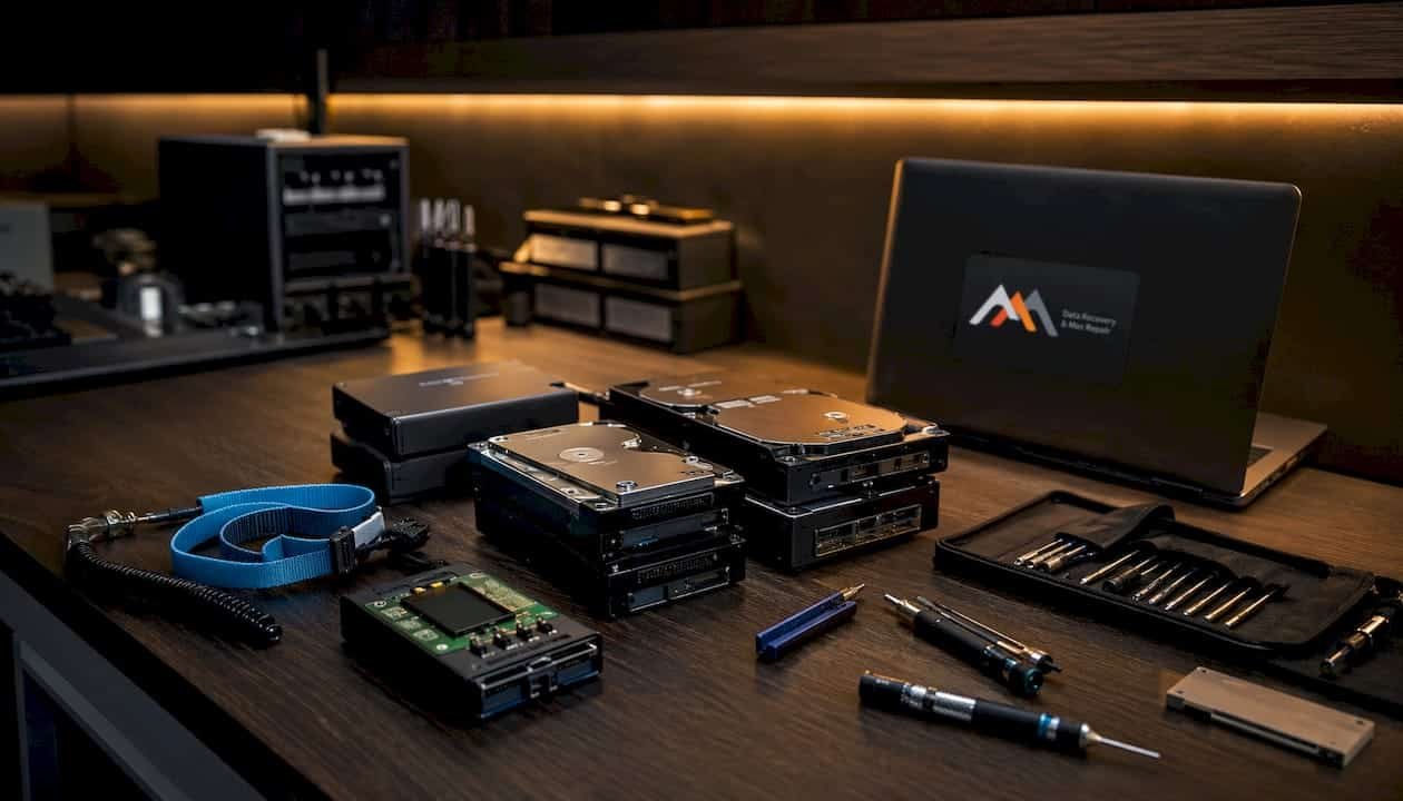 Close-up of external hard drives on a lab workbench