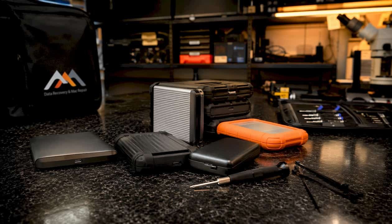 Stack of external hard drives on workbench