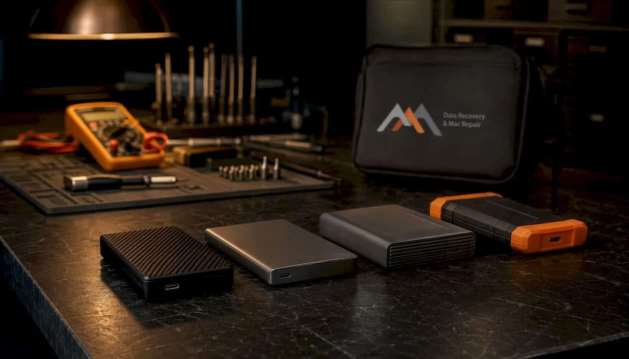 External hard drives on lab bench for data recovery