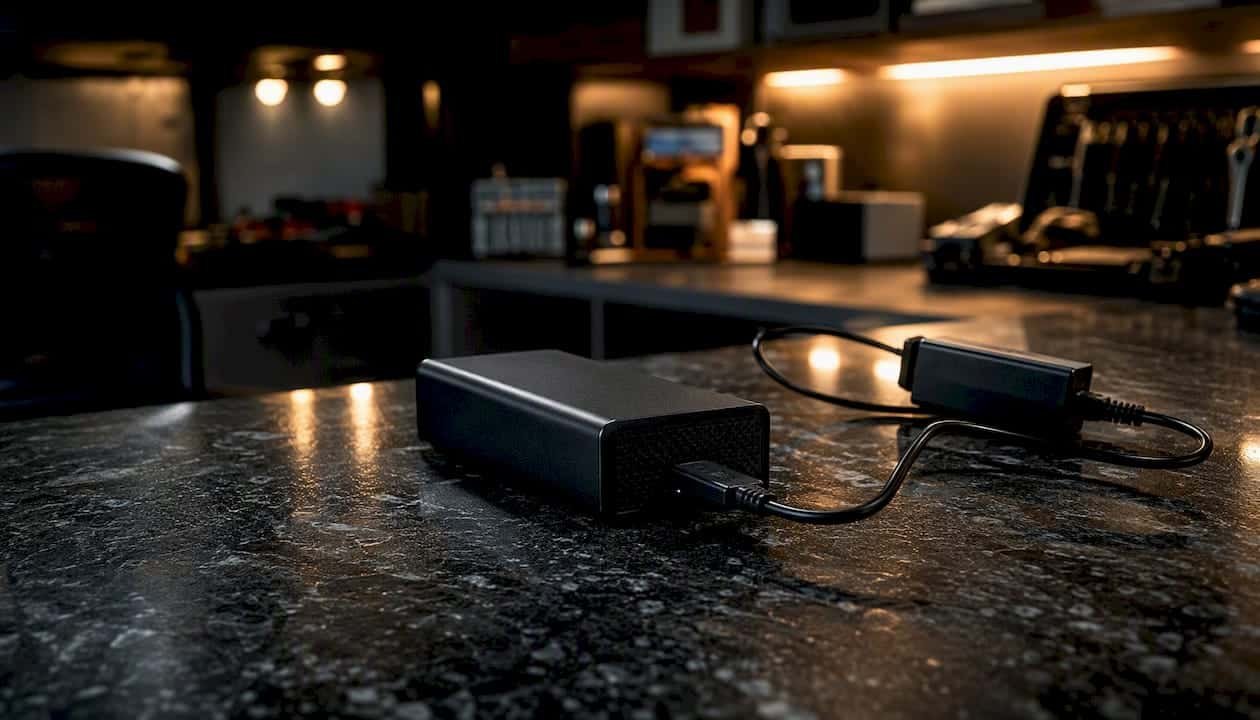 External hard drive connected to power adapter
