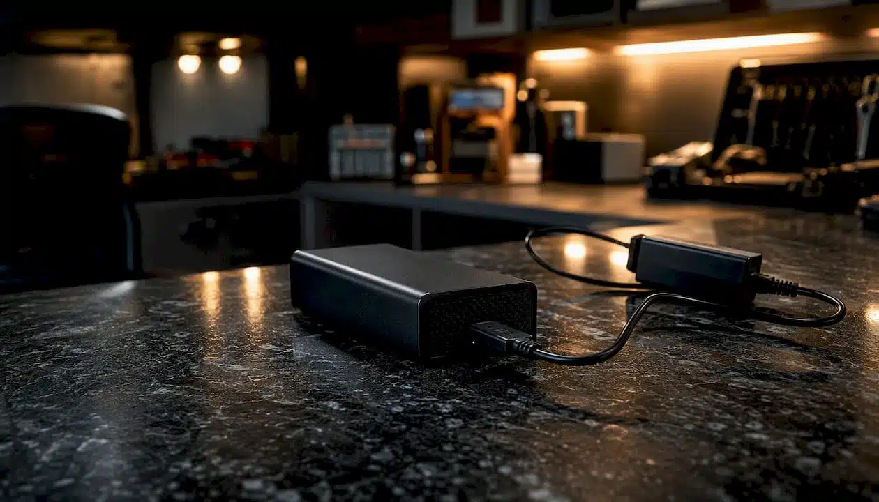 External hard drive connected to power adapter