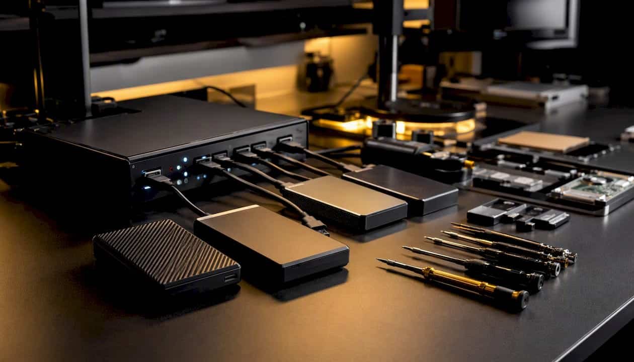 1786439162503_External-hard-drives-connected-in-data-recovery-lab External hard drives connected in data recovery lab