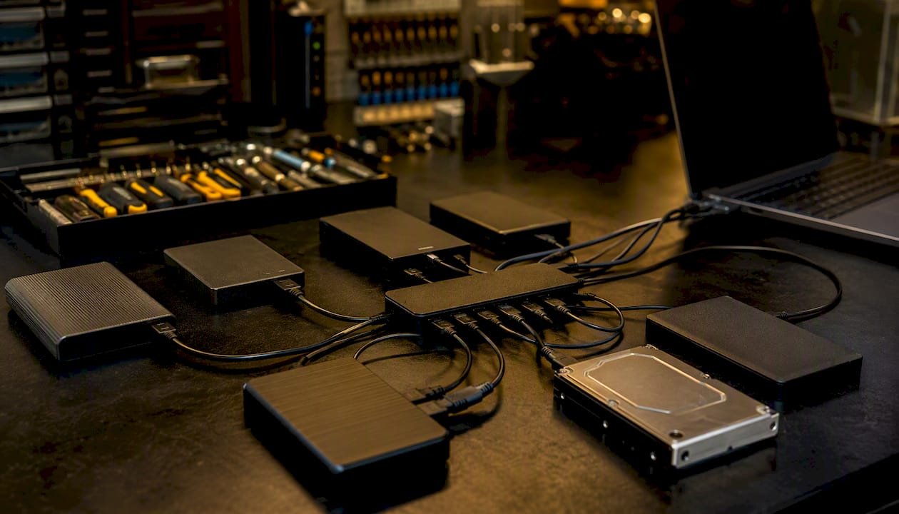 Multiple external hard drives connected on desk