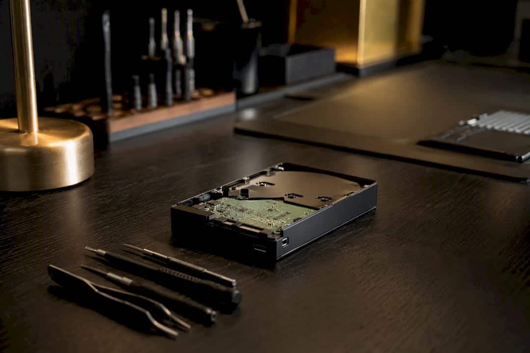 Opened external hard drive on repair bench