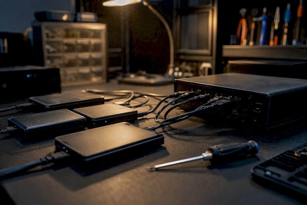External hard drives connected on repair bench