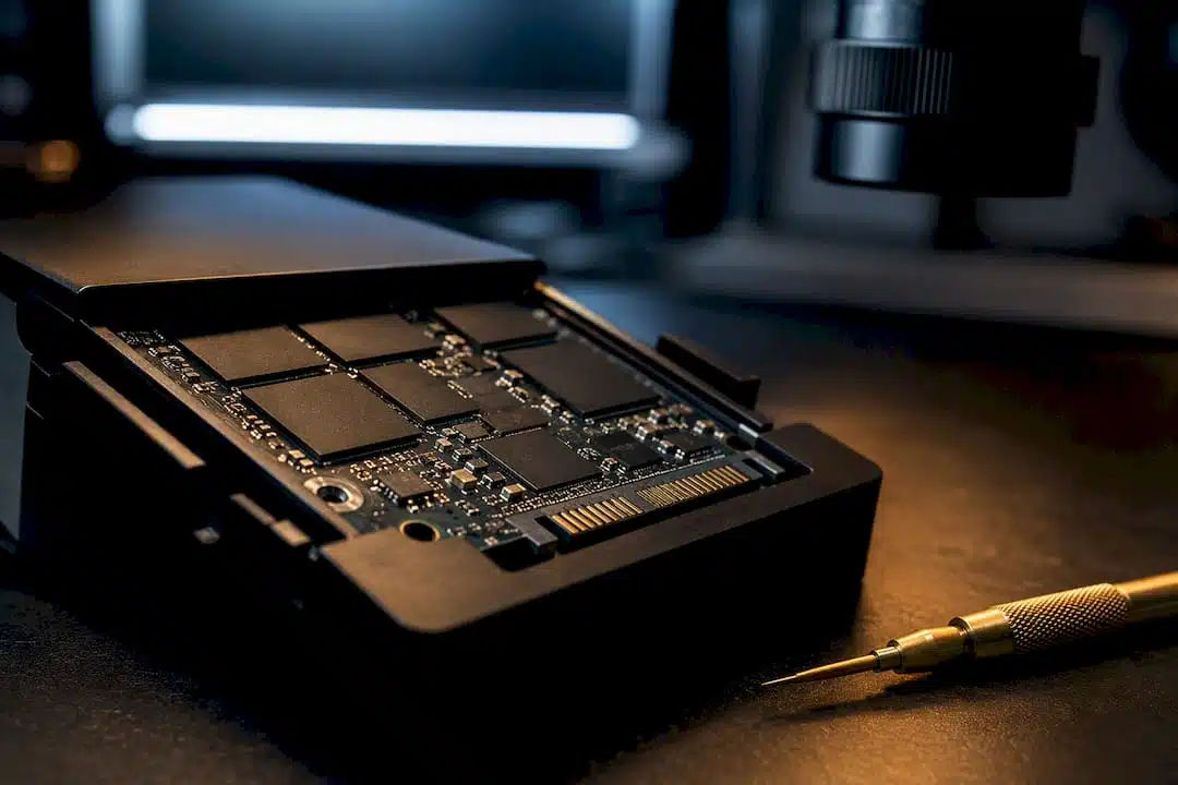 Partially opened SSD under recovery inspection