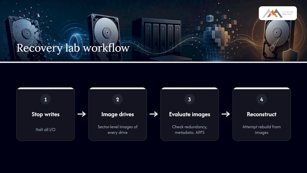 Four-step RAID recovery lab workflow