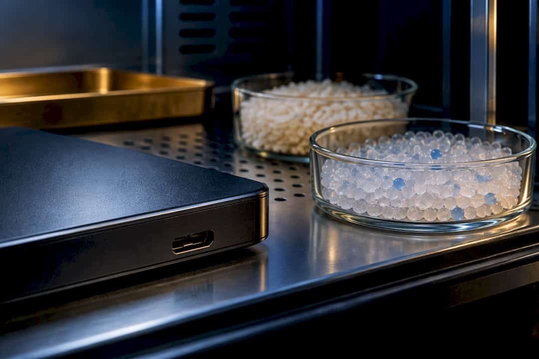 External drive beside rice and silica gel