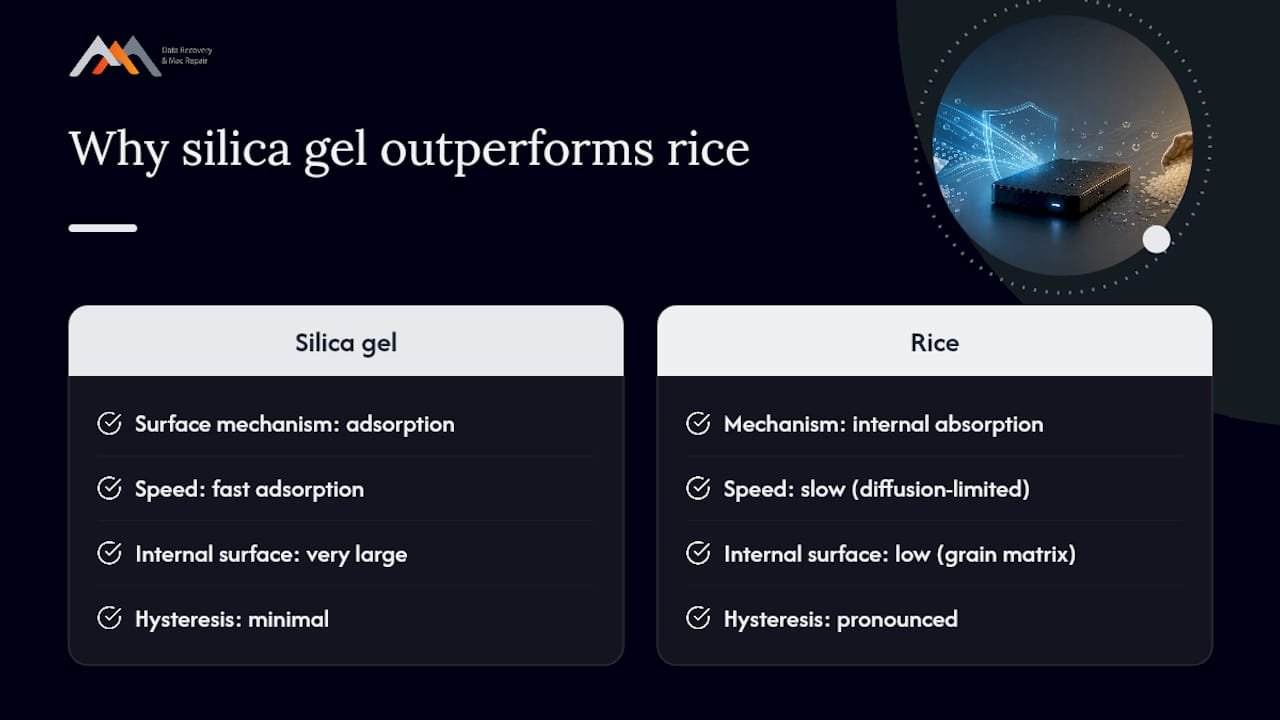 Why Silica Gel Outperforms Rice at the Molecular Level — overview diagram