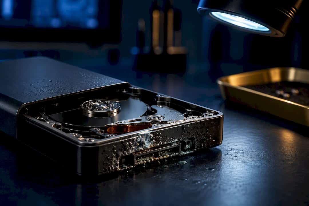 Liquid damaged drive during data recovery inspection