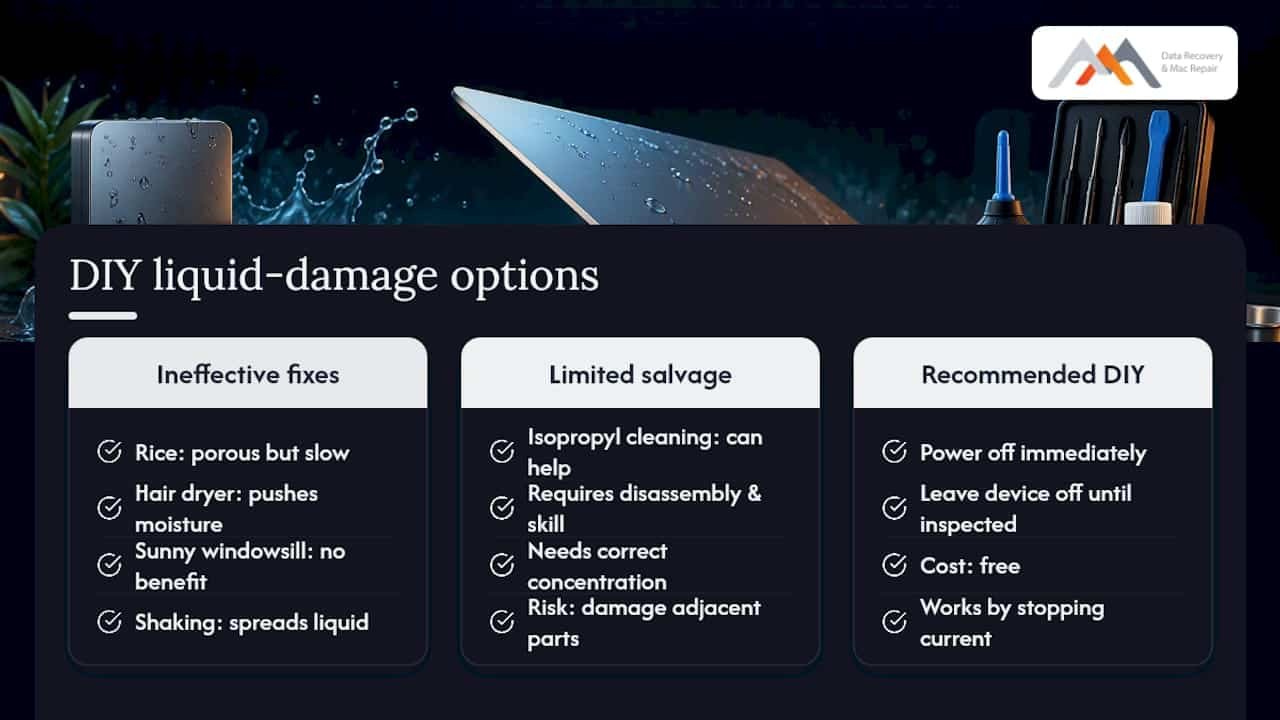 Options and effectiveness of DIY liquid damage treatments — overview diagram