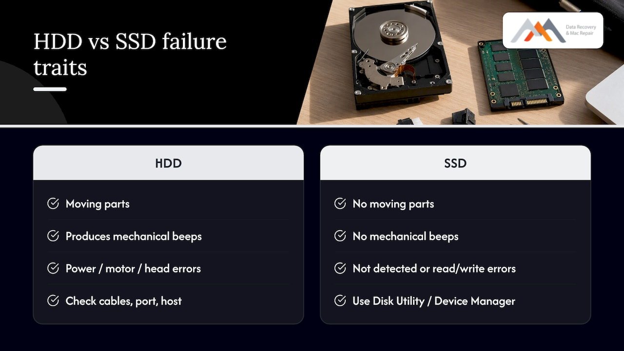 HDD and SSD failure symptom comparison