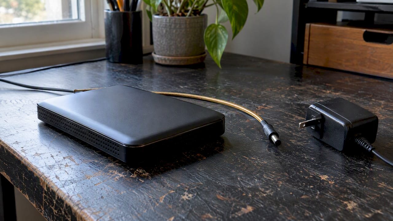External hard drive beside its power adapter