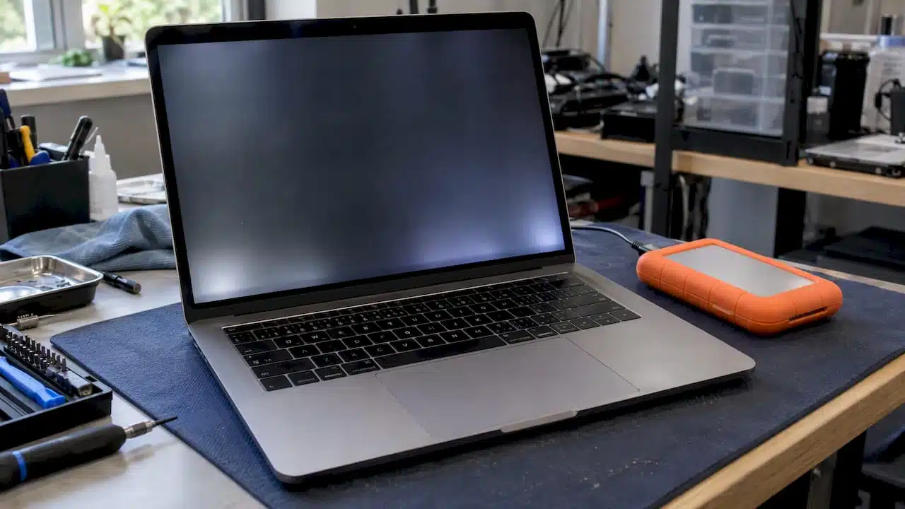 MacBook Pro with FlexGate display and external hard drive