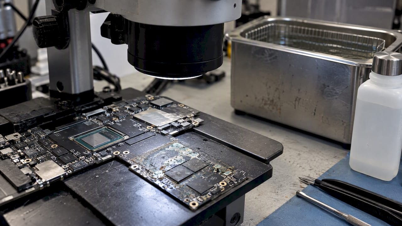 Corroded MacBook logic board under a microscope
