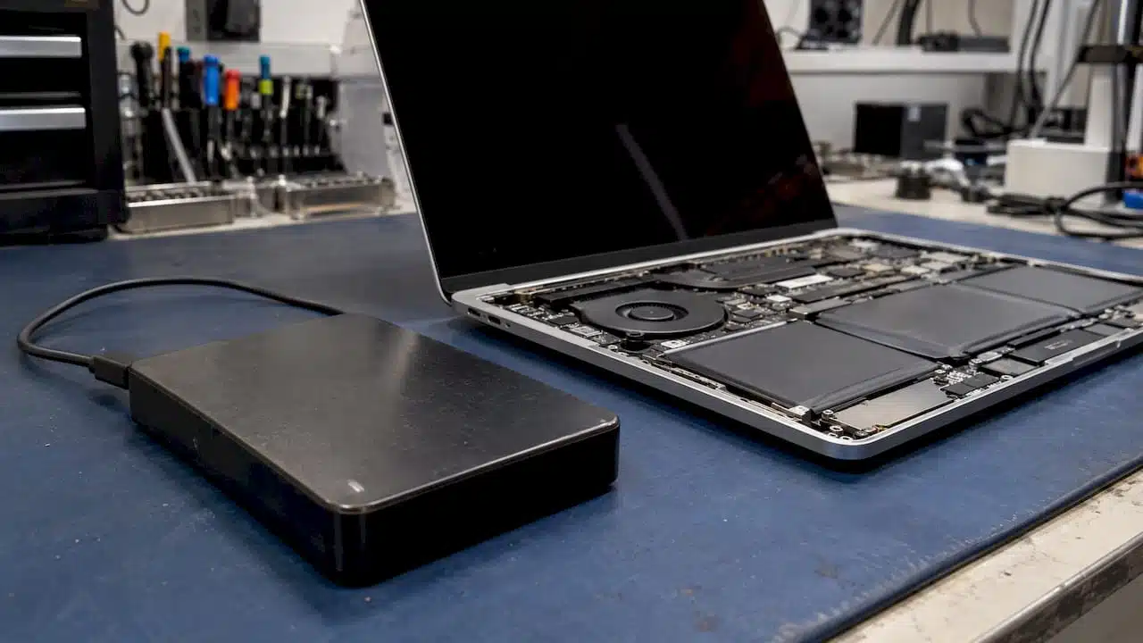 MacBook and external drive in repair lab