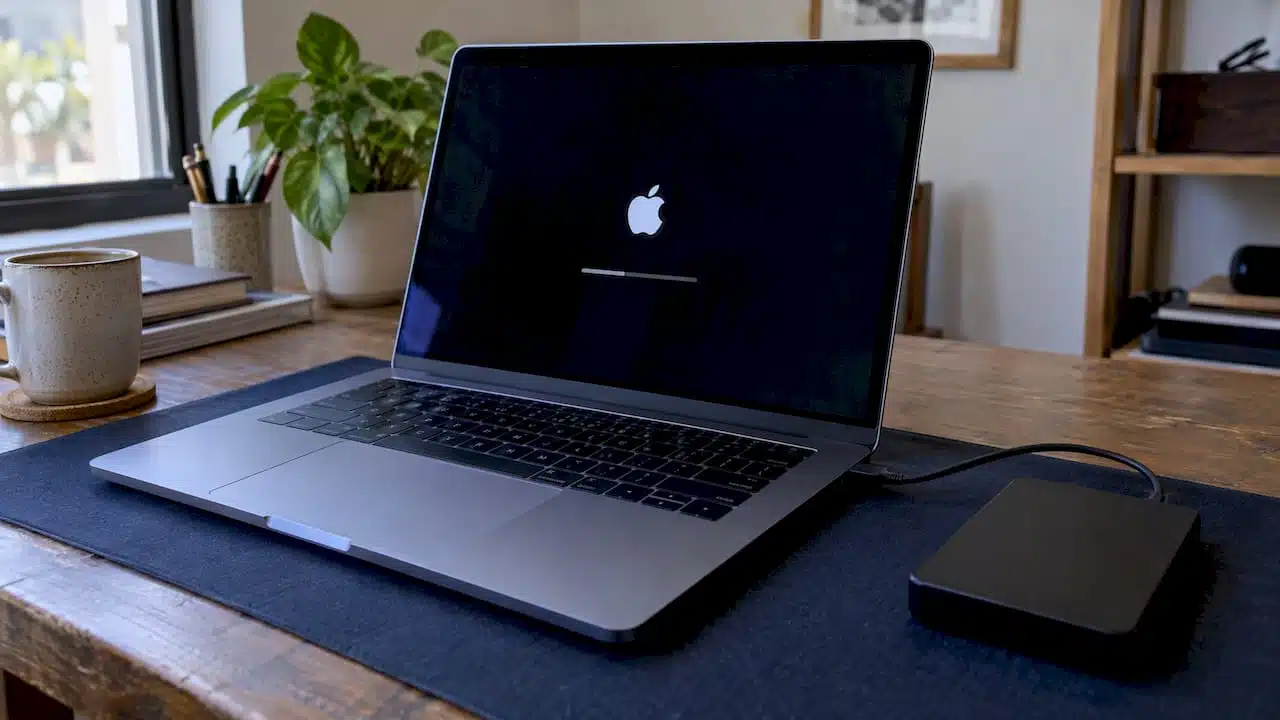 MacBook frozen at startup beside external drive