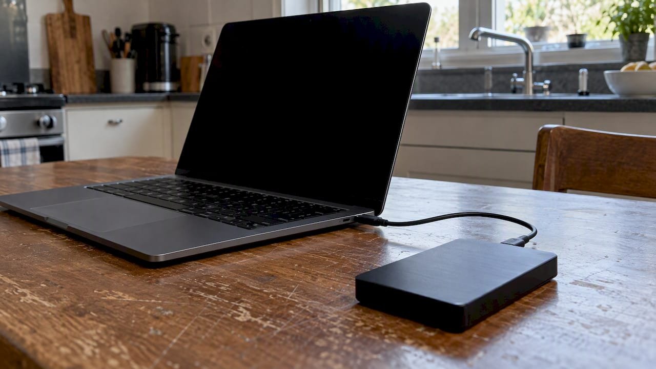 MacBook beside connected external hard drive