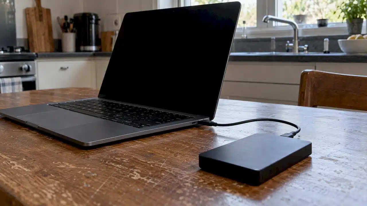 MacBook beside connected external hard drive