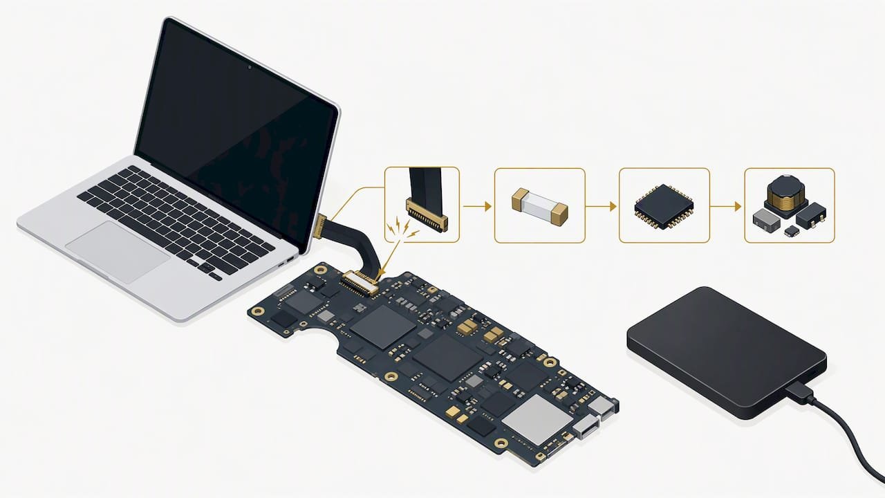 MacBook Backlight Failure? Free Checks First, Restore Only If Needed 3 Backlight circuit fault path beside external drive