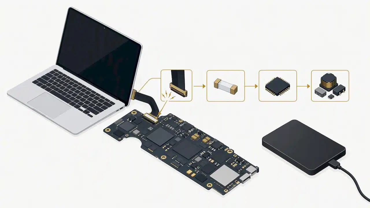 MacBook Backlight Failure? Free Checks First, Restore Only If Needed 3 Backlight circuit fault path beside external drive