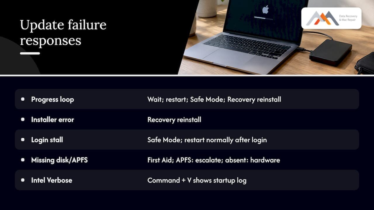 Mac Won't Boot After Update? Stop Writes, Then Try 8 Steps 4 Mac update boot errors and first response paths