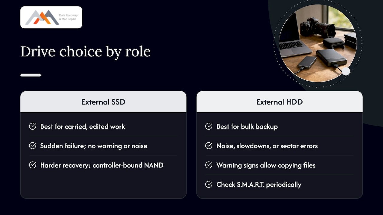 External SSD vs HDD: Which Drive Should You Buy? 4 Our perspective: buy the drive for the job, then plan for its failure — overview diagram