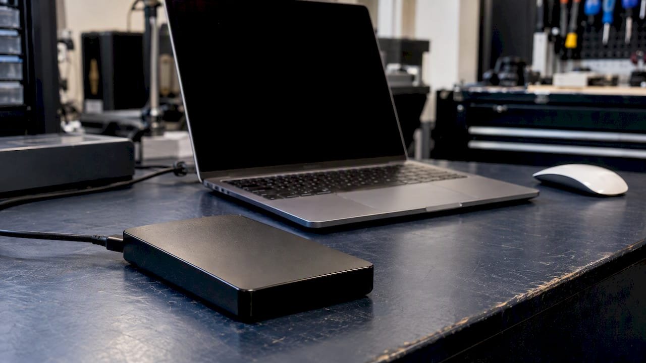 External hard drive beside a MacBook