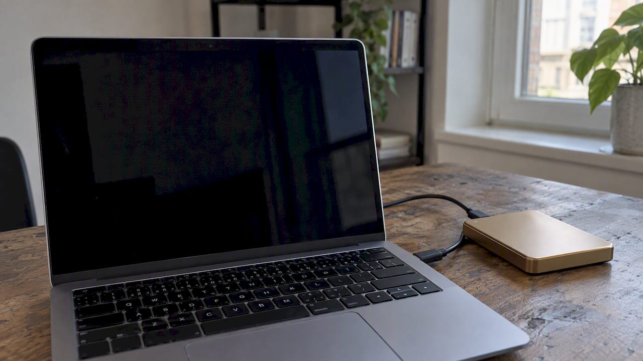 MacBook camera beside an external backup drive