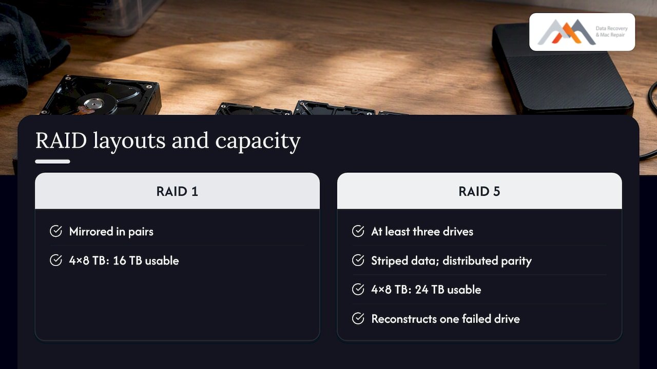 RAID 1 mirroring compared with RAID 5 parity