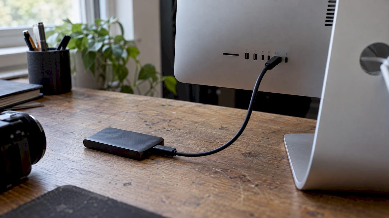 External SSD connected to the rear of an iMac